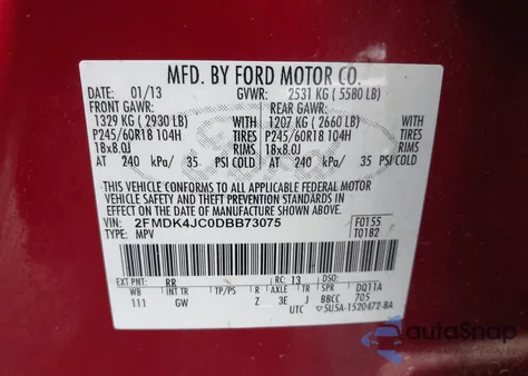 2013 Ford Edge Sel из США, поврежденный, VIN 2FMDK4JC0DBB73075